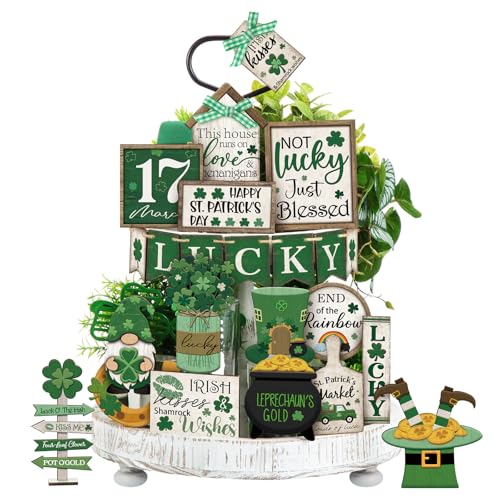 Yuntau 24 Pcs St Patrick's Day Tiered Tray Decor St Patty's Day Decorations Shamrock Irish Lucky Wooden Signs St. Patrick's Day Table Home Kitchen Bar Decoration - style: Retro