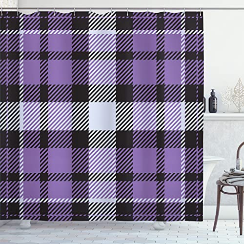 Ambesonne Plaid Shower Curtain, Modern Style Lumberjack Inspired Tartan Design with Squares and Stripes, Cloth Fabric Bathroom Decor Set with Hooks, 69" W x 70" L, Violet Pale Ceil Blue - color: Violet Pale Ceil Blue, size: 69" W x 70" L