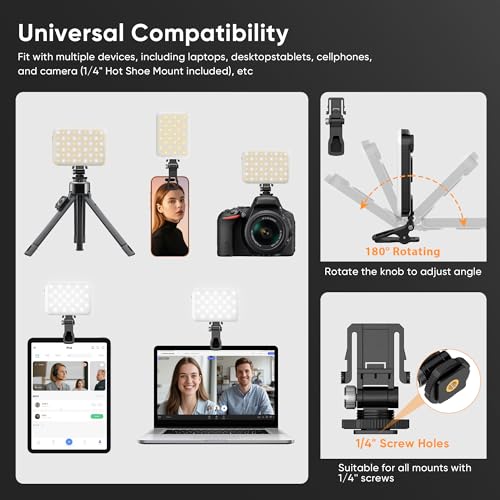 LED Clip-On Selfie Light Portable 500LM Dimmable, 3 Light Modes CRI 95+ for True Colors 2500mAh Rechargeable Battery,Fits Phones/Cameras/Laptops for TikTok/Vlogging/Zoom Calls