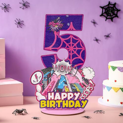 Baderke Pink Spider Theme Birthday Number Sign 16.7'' Purple Spider Birthday Centerpiece for Party Decor Wooden Table Photo Prop(5th) - style: 5th