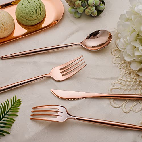 SUT 150Pcs Rose Gold Plastic Silverware, Disposable Cutlery Set, Heavy Duty Plastic Flatware Set，Disposable Rose Gold Utensils Include 50 Forks,50 Spoons, 50 Knives Perfect for Party - style: Rose gold
