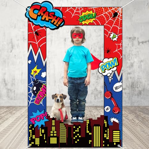 Fabric Comic Hero Photo Prop Super Theme Hero Birthday Party Decoration Red Spider Web Backdrop Banner Cityscape Theme Photo Booth Frame Background for Kids Birthday Party Supplies 62x41inch