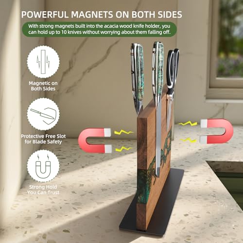 FINDKING Magnetic Knife Block, Double-Sided Knife Holder with Strong Magnets, Acacia Wood and Golden Green Resin, Countertop Kitchen Knife Storage Stand (12 × 10 Inches, Without Knives) - color: Golden Green
