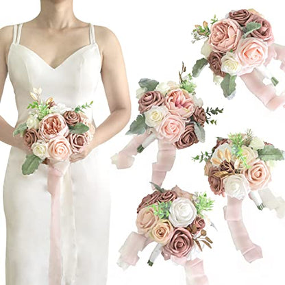 Lookein Bridesmaid Bouquet Set of 4 Boho Wedding Bouquet 7-Inch Fake Flower Bouquet for Bride Tossing Bouquet for Wedding Ceremony, Elegant Dusty Rose - color: 7" French Dusty Rose