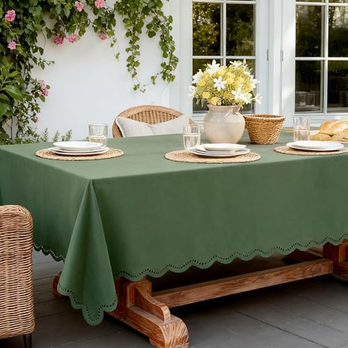 Moss Green Tablecloth Rectangle Linen Textured Waterproof & Stain Resistant Large Outdoor Table Cloth Spring Decorative Scalloped Cutouts Farmhouse Table Cover for Dining, Party, Camping, 55x120 Inch - color: Moss Green, size: 120" x 55" (Rectangular)