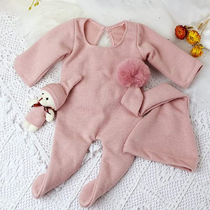 Newborn Baby Photo Shoot Props Girl Boy Crochet Knit Hat Costume Stripe Hat Pants Overalls Photography Props - color: Pink