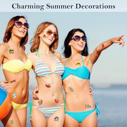 ADXCO 144 Pieces Summer Pool Party Tattoos Hawaiian Luau Themed Tattoos Waterproof Beach Temporary Tattoos Stickers for Adults, Tropical Party Decorations Supplies Favors