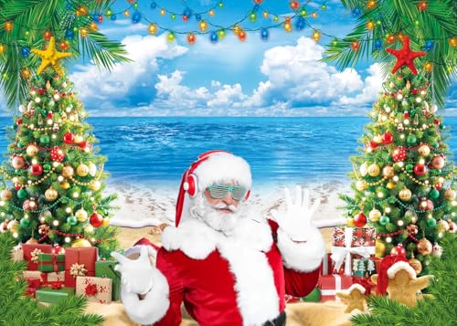 July Christmas Backdrop for Photography 7x5FT Summer Beach Christmas Tree Decorations Background Tropical Hawaiian Xmas Party Supplies Photo Props - size: 7x5FT