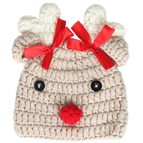 Ypser Infant Baby Knitted Beanie Photo Prop Crochet Knit Cap Christmas Cap Deer Hat with Bow - color: Beige(0-3 Months), size: One Size