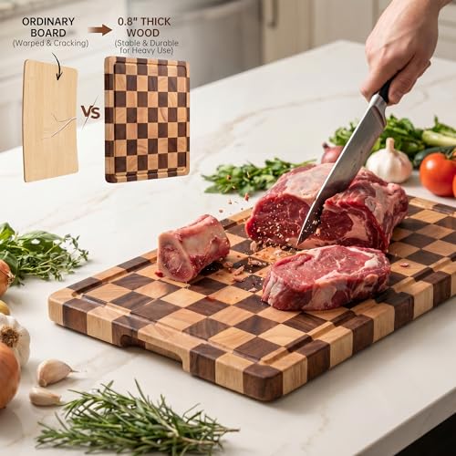 THETCHRY Cutting Boards for Kitchen, Checkered Cutting Board Upgraded, Acacia Wood Chopping Board with Juice Grooves & Handles, Large Butcher Block Serving Tray with Gift Box, 17"X12"X0.8" - size: 17"L x 12"W