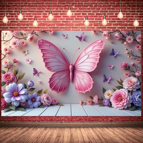 Spring Garden Party Decorations Butterfly Flower Banner Photography Background for Girls Women Bday Party Banner Backdrop Photo Booth Props Decor for Spring Wedding Garden 70.9x43.3INCH