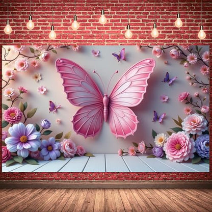 Spring Garden Party Decorations Butterfly Flower Banner Photography Background for Girls Women Bday Party Banner Backdrop Photo Booth Props Decor for Spring Wedding Garden 70.9x43.3INCH