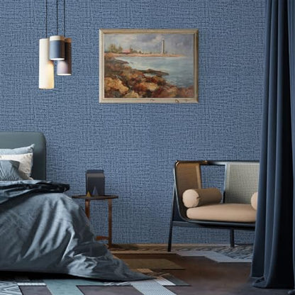 Blue Wallpaper Grasscloth Peel and Stick Wallpaper 17.7inch x 393.7inch Textured Wall Paper Stick and Peel Blue Contact Paper Grasscloth Faux Linen Removable Navy Waterproof Self Adhesive Vinyl - color: Blue, size: 17.7" x 393.7"