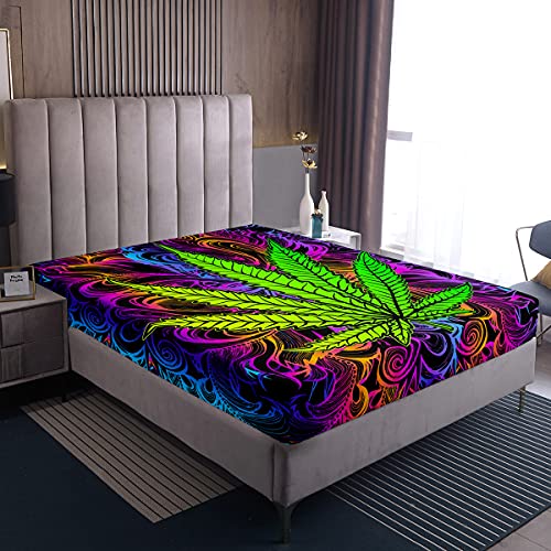 Erosebridal Bohemia Leaf Fitted Sheet Kids Boho Exotic Sheet Set Queen Size Vibrant Colorful Bed Sheet Exotic Fitted Sheet+1 Flat Sheet+2 Pillow Cases, 4 Pieces Bedding Set, Purple - color: Color 8, size: Queen