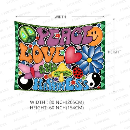 F-FUN SOUL Peace Love and Happiness Tapestry, Groovy Tapestries 80x60inches, 70s Theme Tapestries Hippie Aesthetic Tapestry Wall Hanging for Bedroom Living Room Decor GTZYFS194 - size: 80"L x 60"W