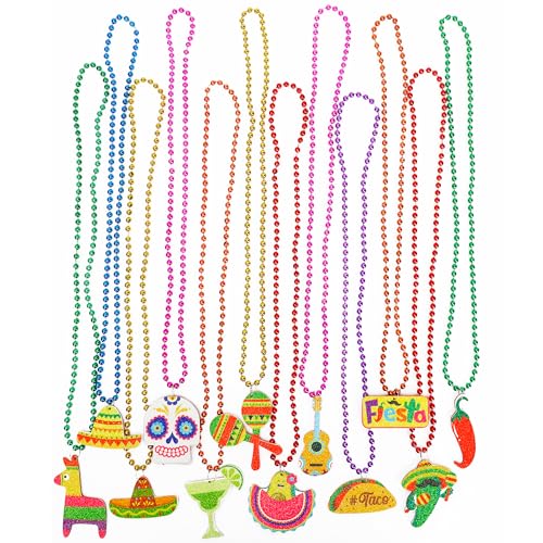 Cinco de Mayo Party Favors, 12PCS Fiesta Necklace Bead Favors, Mexican Metallic 12 Kinds of Cinco de Mayo Necklace Decorations, Fiesta Cactus Maracas Accessories for Mexican Carnival Party Supplies