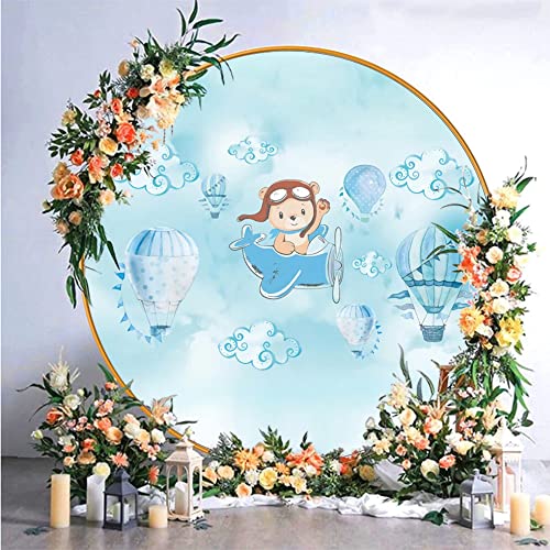 5x5ft Polyester Hot Air Balloon Round Backdrop Cover Oh The Places You'll Go Baby Adventure Photography Background for Kids 1st Birthday Party Decor Bear Plane Cartoon Themed Birthday Props - color: Blue03, size: 5x5ft-Diameter