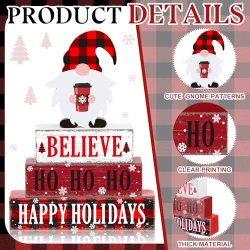 Geelin 4 Pcs Christmas Wooden Table Decorations Xmas Red and White Buffalo Plaid Signs Rustic Happy Holiday Tiered Tray Decor Xmas Gnome Tabletop Centerpieces for Home Desk Room Kitchen Shelf - style: Gnomes