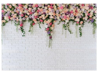 7X5FT White Brick with Flowers Backdrop Occasions Mother's Day Wedding Bridal Shower Birthday Party Banner Background Supplies DH-357 - size: 7X5FT