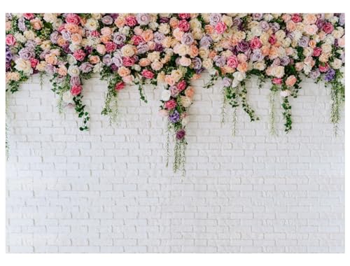 7X5FT White Brick with Flowers Backdrop Occasions Mother's Day Wedding Bridal Shower Birthday Party Banner Background Supplies DH-357 - size: 7X5FT