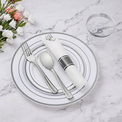 Goodluck 100 Pack Pre Rolled Silver Plastic Silverware, Wrapped Plastic Cutlery Set with Napkin Include 100 Forks, 100 Knives, 100 Spoons and 100 Napkins, Disposable Silverware for Party, Wedding - size: 100pc, style: Silver