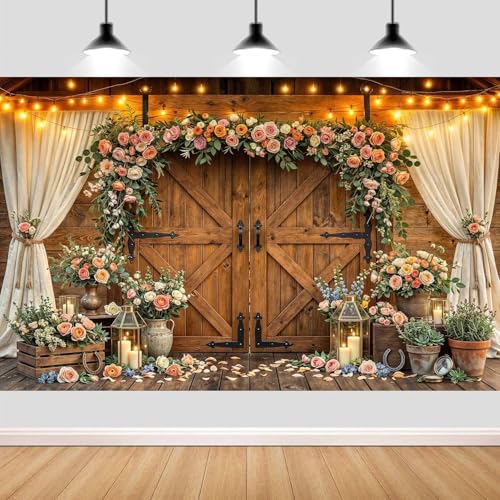 5x3ft Western Wedding Backdrop Rustic Barn Door Photography Backdrop Farmhouse Pink Flower Cabin Wooden Birthday Baby Shower Country Anniversary Bridal Party Banner Photo Booth Props Background - color: Multi90, size: 5X3FT