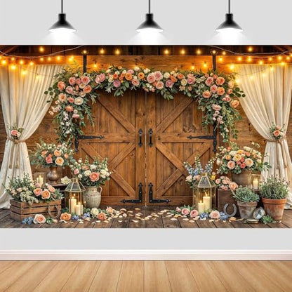 5x3ft Western Wedding Backdrop Rustic Barn Door Photography Backdrop Farmhouse Pink Flower Cabin Wooden Birthday Baby Shower Country Anniversary Bridal Party Banner Photo Booth Props Background - color: Multi90, size: 5X3FT