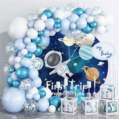 Leyiyi 7.2x7.2ft First Trip Around The Sun Round Backdrop Cover Cartoon Outer Space Planet Rocket Little Astronaut Photo Background for Boys Birthday Party Decorations Space Theme Birthday Supplies - size: 7.2x7.2ft-Diameter