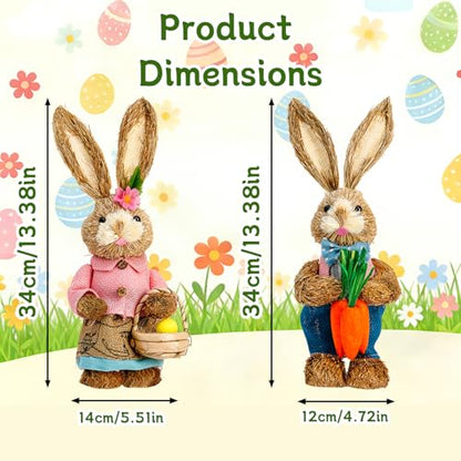 Easter Bunny Decor 13.38 in Standing Sisal Rabbit Figurine Handmade Easter Straw Mr. Bunny Statues Spring Straw Bunny Cute Photo Props Gifts for Farmhouse Spring Home Porch Decor Easter Table Decor