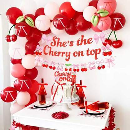 She's The Cherry on Top Baby Shower Backdrop Balloons for Girl Cherry Theme Coquette Bridal Shower Decorations Bow Party Decor Bride to Be Engagement Party Decor Birthday Props