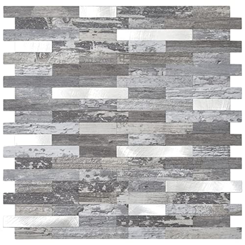 STICKGOO Peel and Stick Backsplash, PVC Wall Tiles Stick on Backsplash for Kitchen(1 Sheet, Distressed Wood with Metal Silver) - color: Distressed Wood with Metal Silver