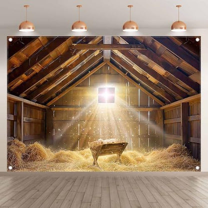 7x5ft Fabric Christmas Manger Scene Backdrop Birth of Jesus Nativity Holy Family Photography Background Barn Stable Christian Party Decor Photo Props - size: 7'x5'