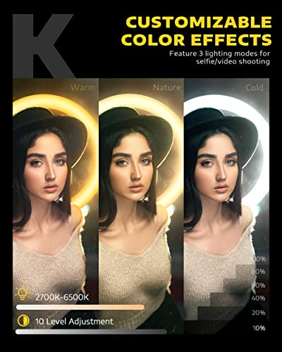 Kaiess 10.2" Selfie Ring Light with 65" Adjustable Tripod Stand & Phone Holder for Live Stream/Makeup, Upgraded Dimmable LED Ringlight for Tiktok/YouTube/Zoom Meeting/Photography (RGB) - color: rgb