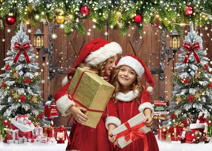 8X6FT Winter Christmas Rustic Barn Wood Door Photography Backdrop Xmas Tree Snow Background Banner for Family Holiday Party Decoration Supplies New Yeary Family Gathering Banner - size: 8x6ft