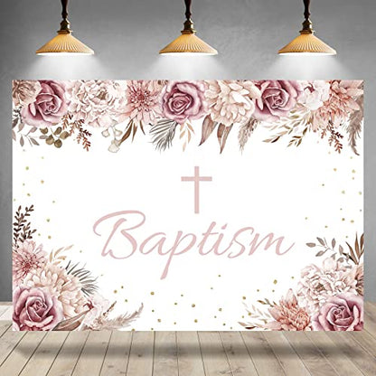 God Bless Backdrop for Girl's Baptism Boho Flowers Bohemia Decorations Photohraphy Background Blush Pink Floral First Communion Party Baby Shower Backdrops Banner Photo Booth Props 7x5ft