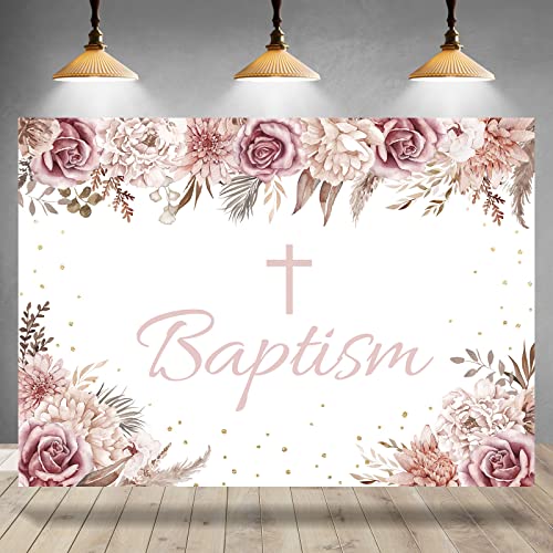 God Bless Backdrop for Girl's Baptism Boho Flowers Bohemia Decorations Photohraphy Background Blush Pink Floral First Communion Party Baby Shower Backdrops Banner Photo Booth Props 7x5ft