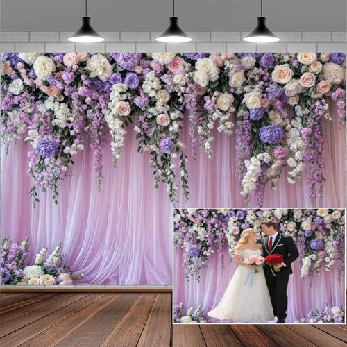 5x3ft Purple Lavender Floral Bridal Backdrop Wedding Flower Photography Backdrop for Girl Portrait Baby Shower Birthday Party Decor Banner Mother's Day Party Wall Backdrop Studio Photo Backgrounds - color: Multi3, size: 5X3FT
