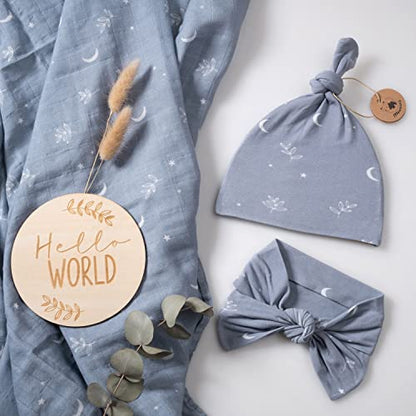 Miaoberry 100% Organic Muslin Swaddle Set w Matching Hat/Bow| Moon Leaves in Haze Blue| Hospital Home-Coming Baby Announcement Blanket Gender Neutral for Boy n Girl - color: Moon Blue