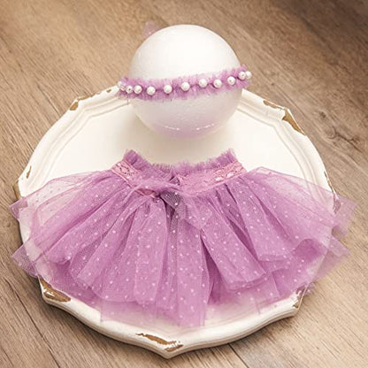 Newborn Baby Photography Props Outfits Girl Lace-Tulle Skirt Baby Girls Photo Prop Headdress for Newborn Girl Photoshoot - color: Purple