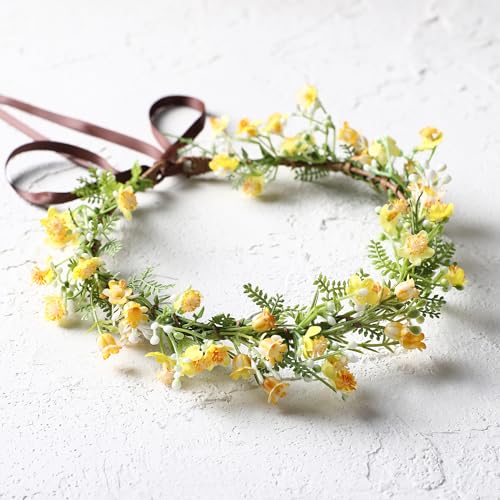 Yellow Flower Crown Headpiece - Yellow Babys Breath Flower Headband Sweet Handmade Floral Headpiece for Festival Party Vacation Cosplay Photography Props - color: Yellow