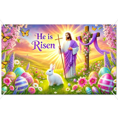 BlissYard Happy Easter Banner 71x43 Inch He is Risen Easter Backdrop Spring Christian Cross Lily Jesus Photography Background Religious Party Decorations Photo Banner Booth Studio Props - color: He is Risen Banner#1