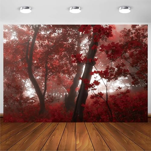 10x7ft Fall Maple Leaves Backdrop Autumn Scenery Misty Red Maple Forest Photography Background Natural Landscape Maple Trees Thanksgiving Party Kids Adults Travel Decor Banner Photo Props - size: 10x7ft