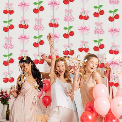 Xinnun Cherry Party Decorations Pink Bow Hanging Banners Garland Cherry Baby Shower Decorations Cutouts Ribbon Streamers for Berry Birthday Bridal Engagement Bachelorette Wedding Party Decor - style: Cherry
