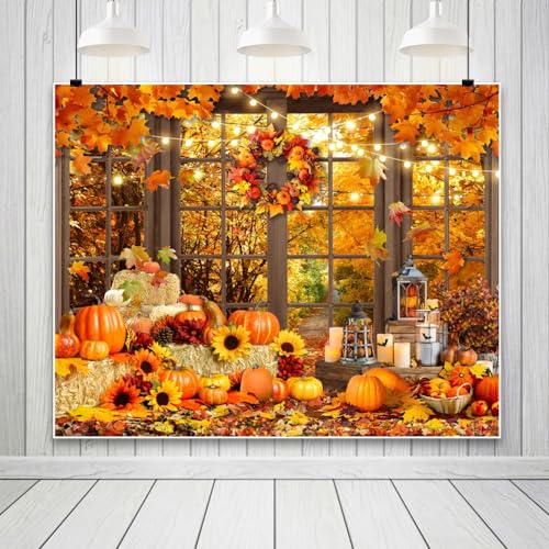 Fall Thanksgiving Backdrop for Photography 10x8ft Autumn Forest Window Pumpkin Haystack Sunflower Photo Backdrop Maple Leaves Path Friendsgiving Party Decor Baby Shower Kids Adult Portrait Photo Props