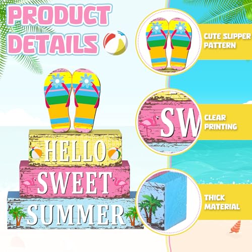 Geelin 4 Pcs Summer Decorations Wooden Sign Hello Summer Flip Flop Table Centerpiece Tiered Tray Decor Beach Farmhouse Blocks Table Top Sign for Home - style: Summer