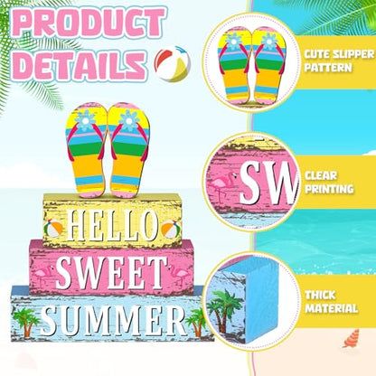 Geelin 4 Pcs Summer Decorations Wooden Sign Hello Summer Flip Flop Table Centerpiece Tiered Tray Decor Beach Farmhouse Blocks Table Top Sign for Home - style: Summer