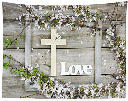 BELECO 9x6ft Fabric Rustic Wooden Board Wood Cross Backdrop Spring Cherry Blossoms Flowers Love Jesus Backdrop Easter Jesus Background Christian Church Event Party Decor Easter Kids Photo Studio Props - size: 9x6FT