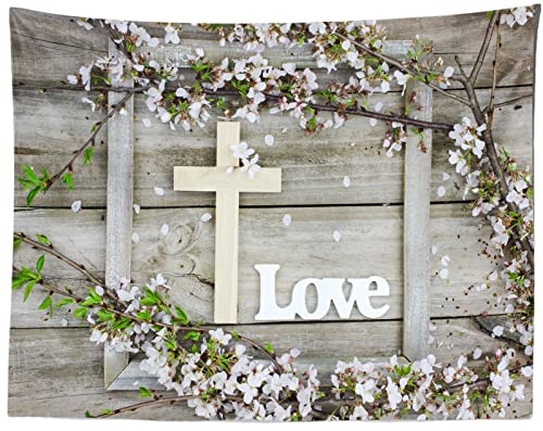 BELECO 5x3ft Fabric Rustic Wooden Board Wood Cross Backdrop Spring Cherry Blossoms Flowers Love Jesus Backdrop Easter Jesus Background Christian Church Event Party Decor Easter Kids Photo Studio Props - size: 5x3ft