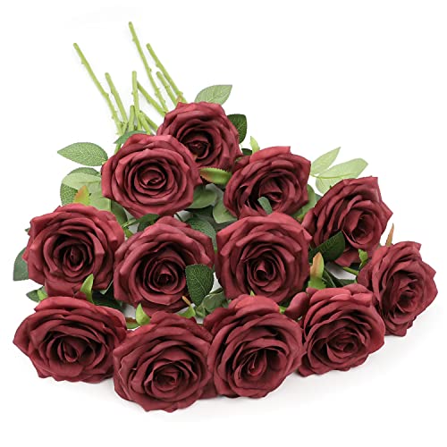 LVEFIT Artificial Rose Flower Burgundy Rose Flower Silk Flowers 12 pcs with Long Stem Silk Roses Bouquet for Wedding Bridal Shower Party Home Decoration - color: Burgundy, size: 12pcs