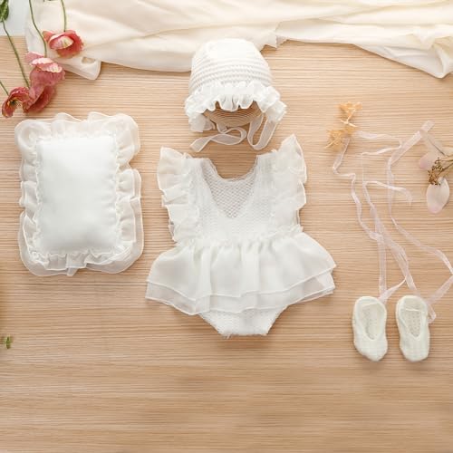Holibeat Baby Girl 4PCS Photography Props (Romper+Pillow+Hat+Shoes) Newborn Girl Christmas Lace Photoshoot Outfits Infant Posing Props (white) - color: White1